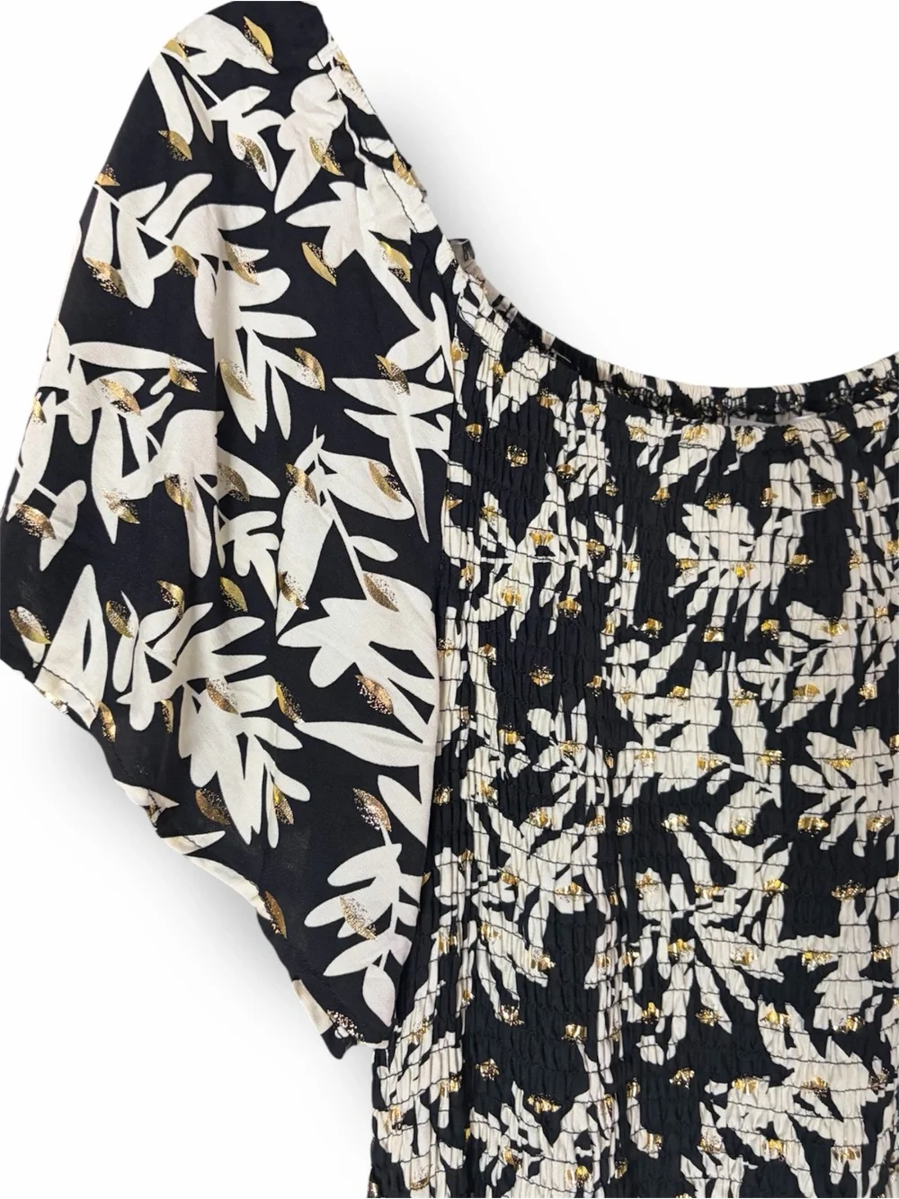 Kindred Smocked Off-Shoulder Black Metallic Gold Floral High Low Midi Dress 2X